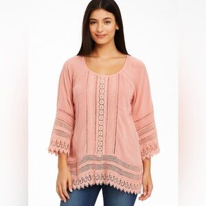 Johnny Was Lace Boho Tunic Sheer Peasant Top Pink Floral Women’s Medium